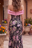 Sparkly Black Pink Flower Mermaid Beaded Long Corset Prom Dress with Bow