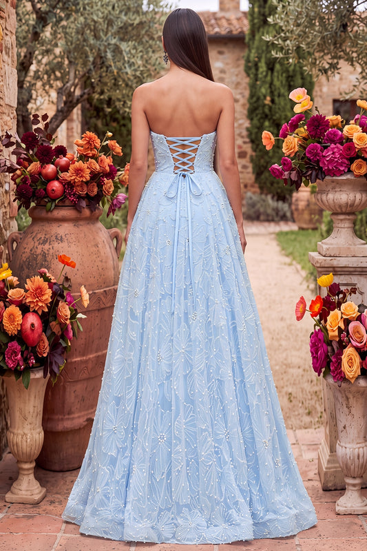 Sparkly Blue A-Line Sweetheart Beaded Floral Long Prom Dress with Slit