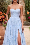 Sparkly Blue A-Line Sweetheart Beaded Floral Long Prom Dress with Slit