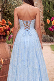 Sparkly Blue A-Line Sweetheart Beaded Floral Long Prom Dress with Slit