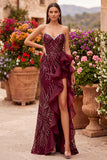 Sparkly Burgundy Sequins Mermaid Beaded Tiered Ruffled Sweetheart Long Prom Dress with Slit