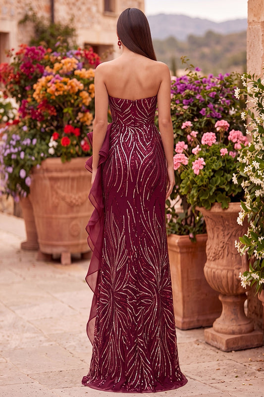 Sparkly Burgundy Sequins Mermaid Beaded Tiered Ruffled Sweetheart Long Prom Dress with Slit