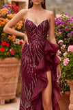 Sparkly Burgundy Sequins Mermaid Beaded Tiered Ruffled Sweetheart Long Prom Dress with Slit