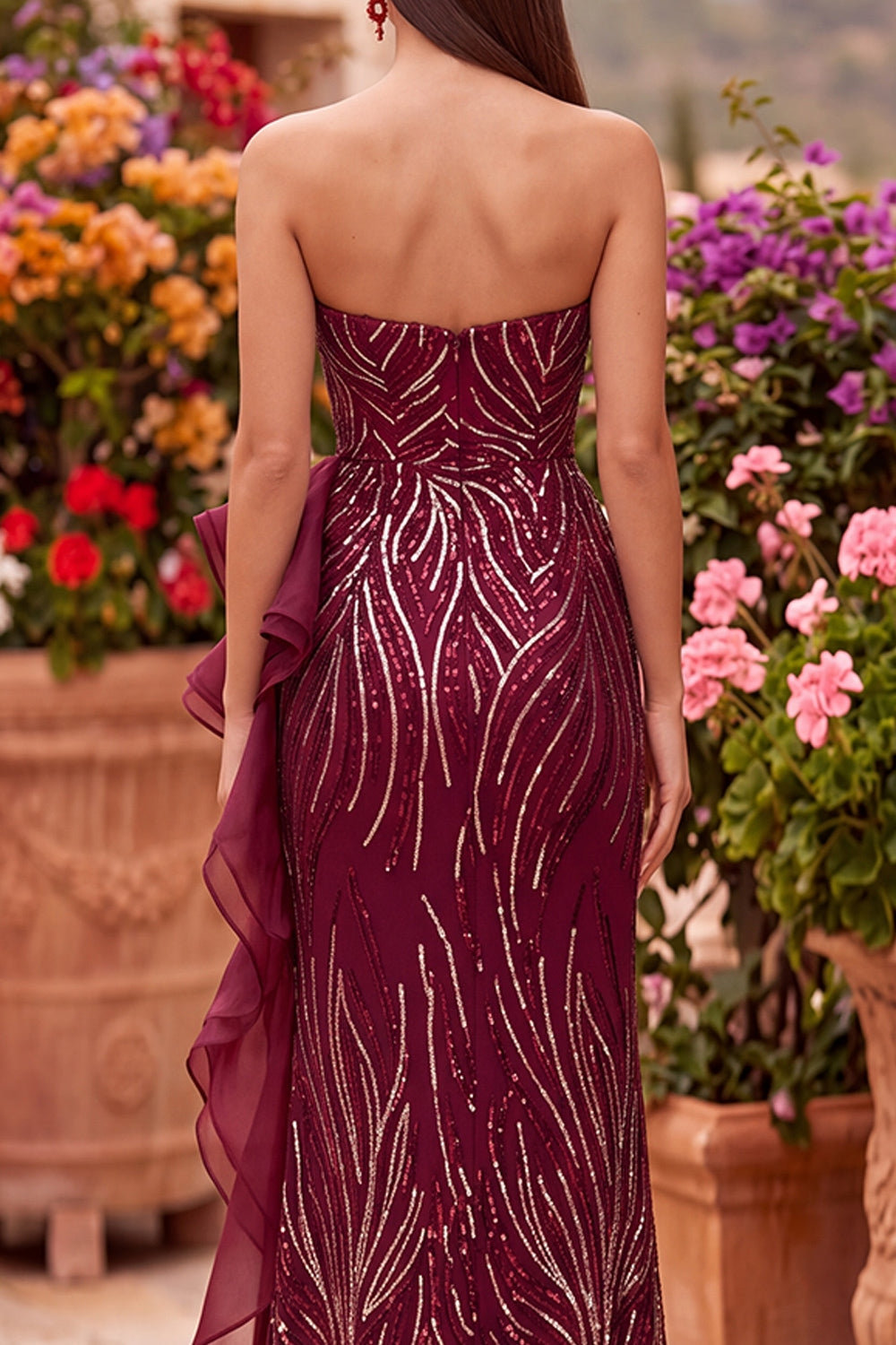 Sparkly Burgundy Sequins Mermaid Beaded Tiered Ruffled Sweetheart Long Prom Dress with Slit