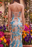 Sparkly Blue Flower Corset Mermaid Sequins Strapless Long Prom Dress with Slit