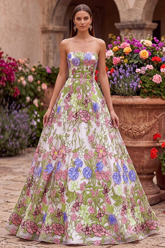 Pink Floral Ball Gown Strapless Long Prom Dress