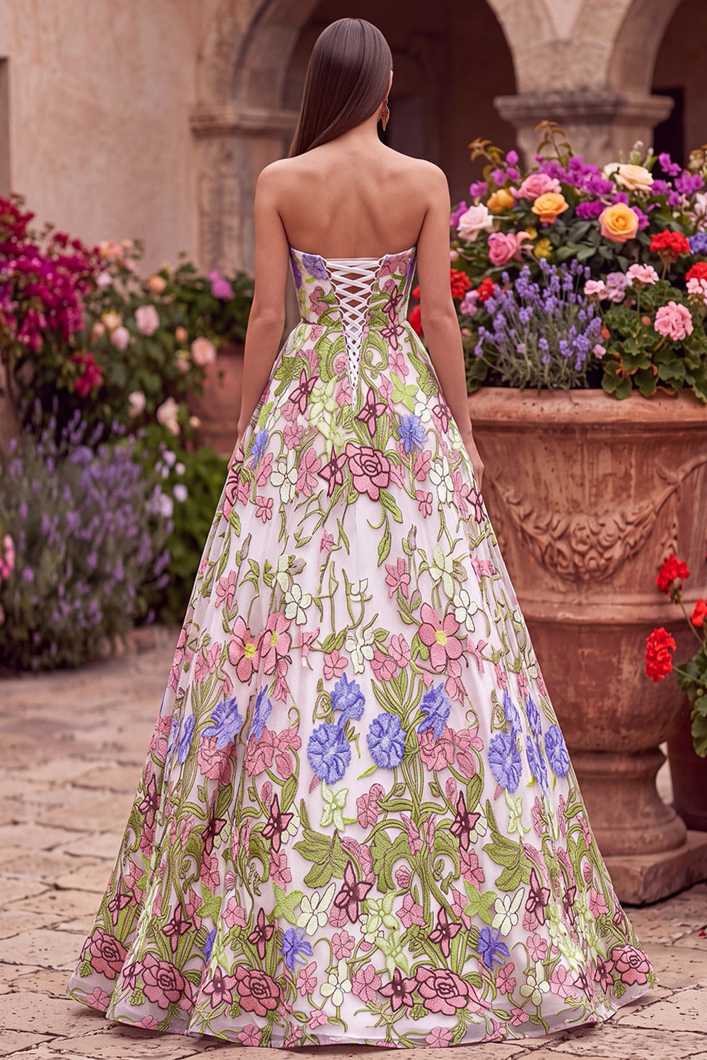 Pink Floral Ball Gown Strapless Long Prom Dress
