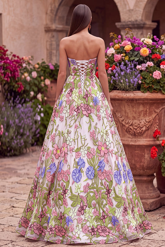 Pink Floral Ball Gown Strapless Long Prom Dress