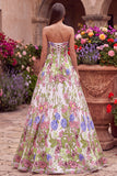 Pink Floral Ball Gown Strapless Long Prom Dress