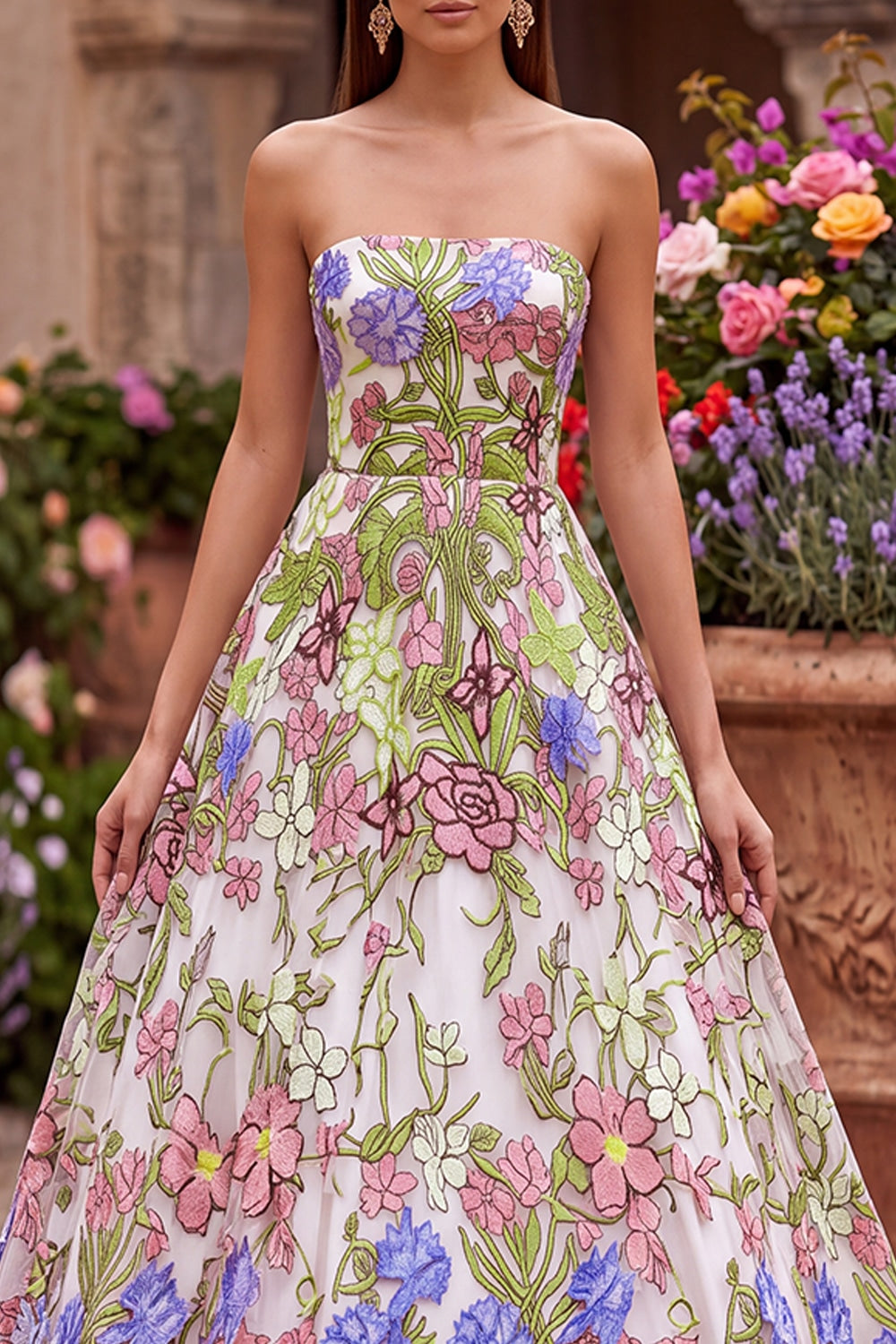 Pink Floral Ball Gown Strapless Long Prom Dress