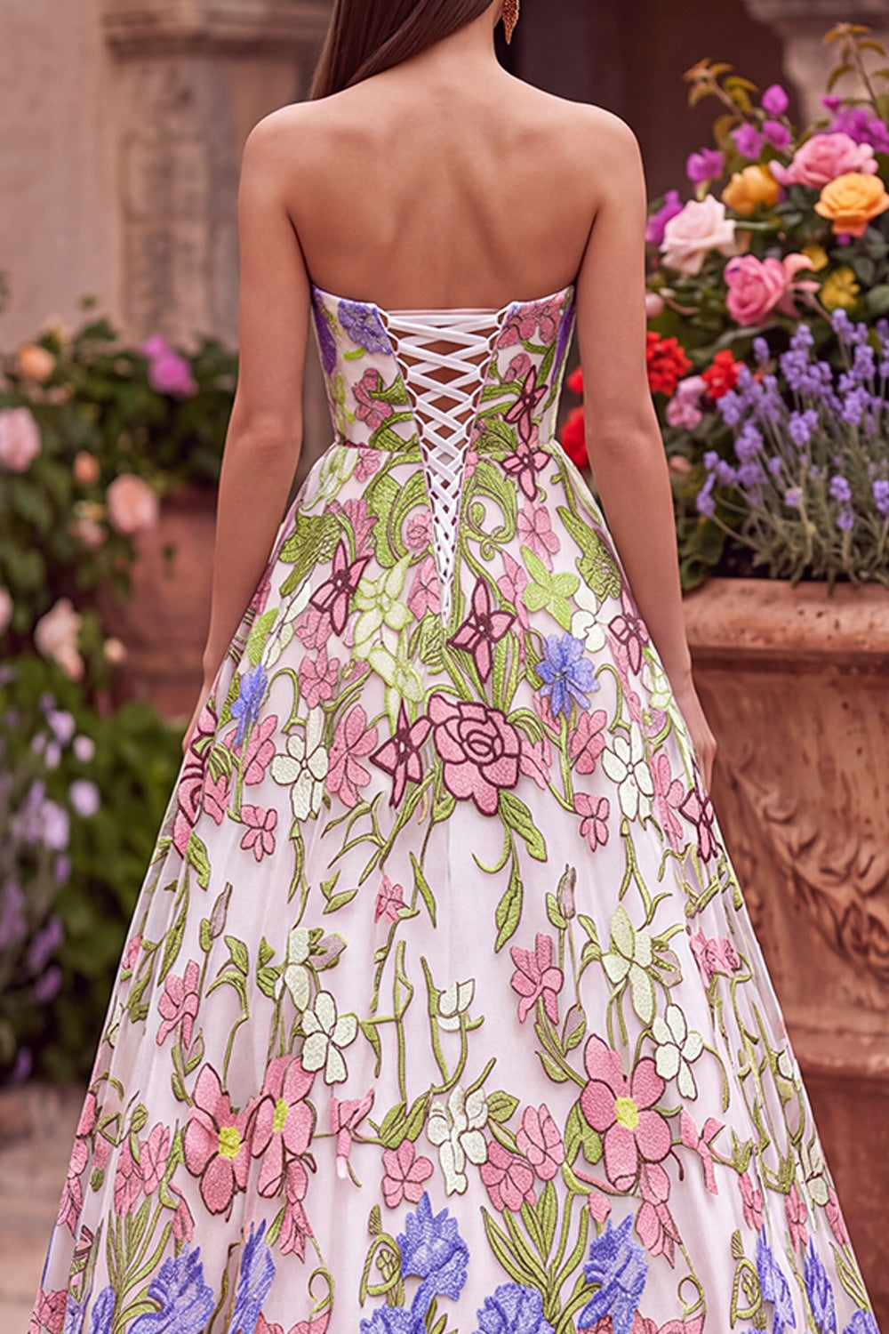 Pink Floral Ball Gown Strapless Long Prom Dress