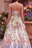 Pink Floral Ball Gown Strapless Long Prom Dress