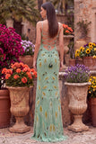 Sparkly Green Sheath Spaghetti Straps Beaded Long Prom Dress with Slit