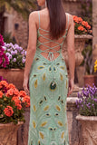 Sparkly Green Sheath Spaghetti Straps Beaded Long Prom Dress with Slit