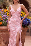 Sparkly Pink Mermaid Sequins V-Neck Floral Long Prom Dress with Slit