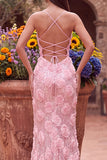Sparkly Pink Mermaid Sequins V-Neck Floral Long Prom Dress with Slit