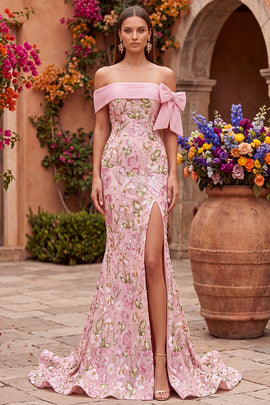 Sparkly Pink Mermaid Off the Shoulder Sequins Floral Long Prom Dress with Bow