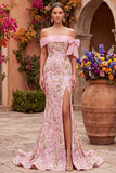 Sparkly Pink Mermaid Off the Shoulder Sequins Floral Long Prom Dress with Bow