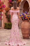 Sparkly Pink Mermaid Off the Shoulder Sequins Floral Long Prom Dress with Bow