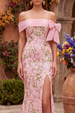 Sparkly Pink Mermaid Off the Shoulder Sequins Floral Long Prom Dress with Bow