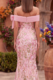 Sparkly Pink Mermaid Off the Shoulder Sequins Floral Long Prom Dress with Bow