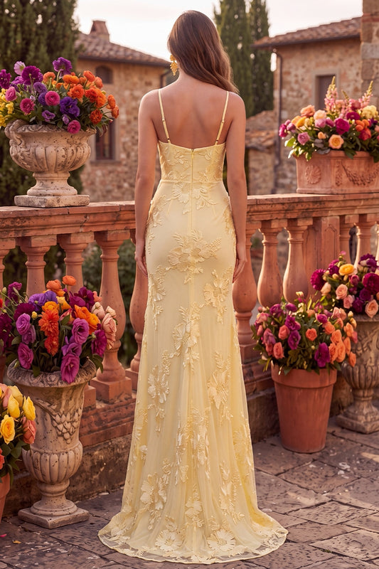 Yellow Mermaid Floral Spaghetti Straps Long Prom Dress with Slit