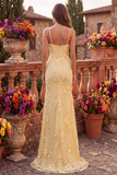 Yellow Mermaid Floral Spaghetti Straps Long Prom Dress with Slit
