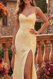Yellow Mermaid Floral Spaghetti Straps Long Prom Dress with Slit