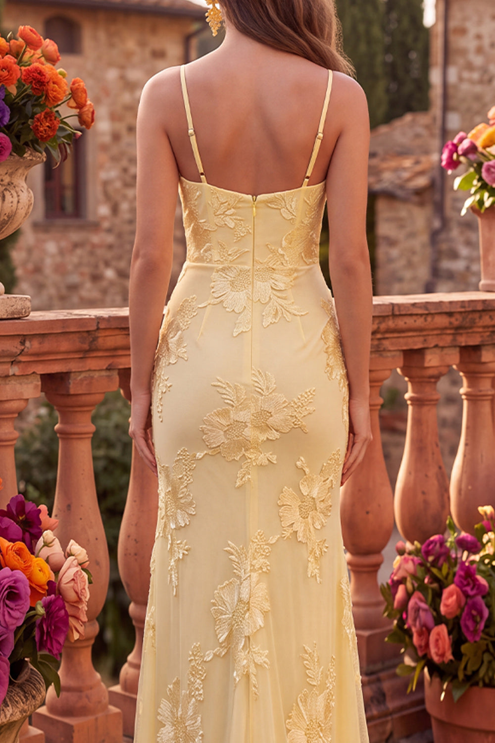 Yellow Mermaid Floral Spaghetti Straps Long Prom Dress with Slit