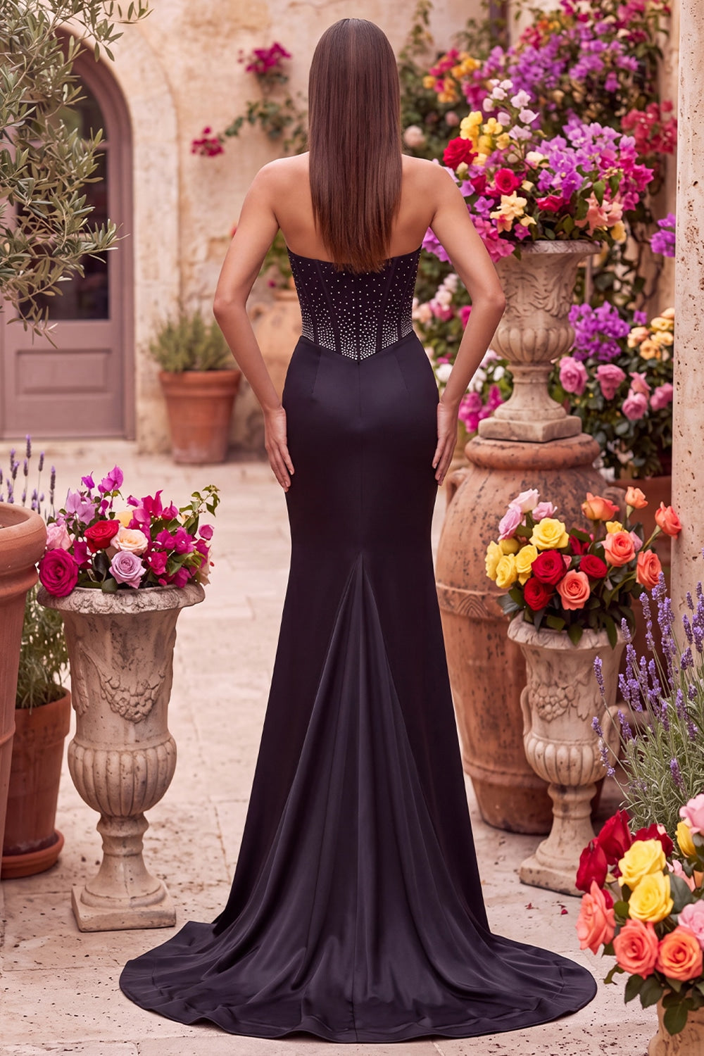 Black Corset Satin Mermaid Beaded Keyhole Sweetheart Long Prom Dress with Slit