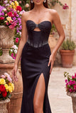 Black Corset Satin Mermaid Beaded Keyhole Sweetheart Long Prom Dress with Slit