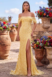Sparkly Yellow Mermaid Floral Off the Shoulder Sequins Long Prom Dress with Slit
