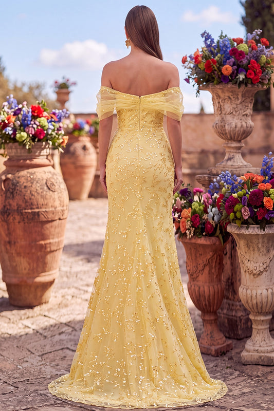 Sparkly Yellow Mermaid Floral Off the Shoulder Sequins Long Prom Dress with Slit