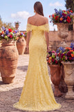 Sparkly Yellow Mermaid Floral Off the Shoulder Sequins Long Prom Dress with Slit