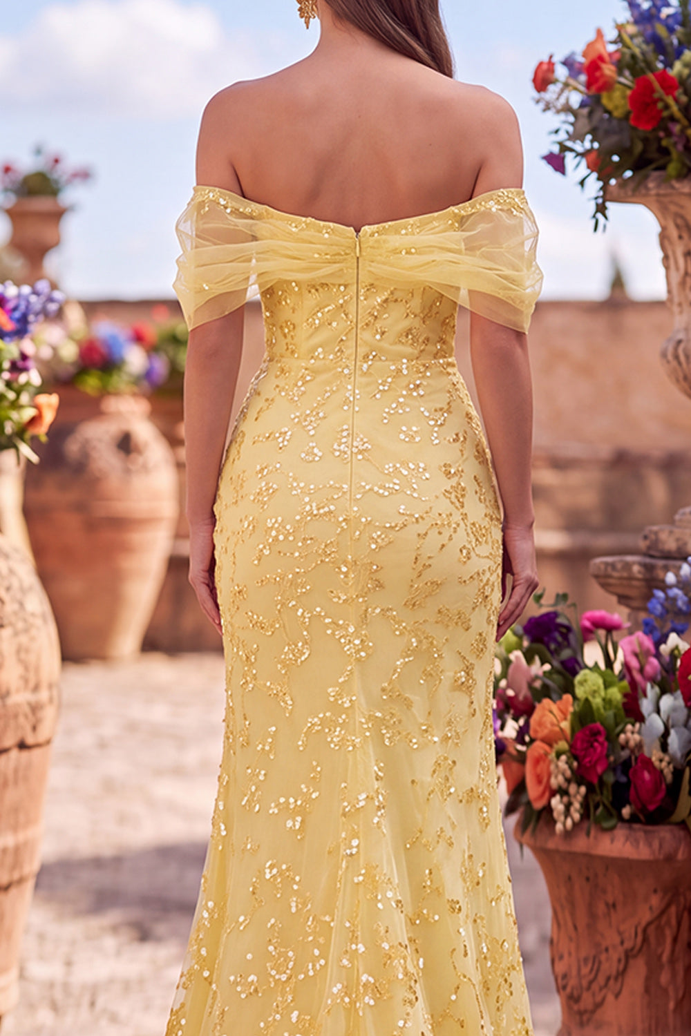 Sparkly Yellow Mermaid Floral Off the Shoulder Sequins Long Prom Dress with Slit