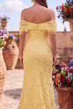 Sparkly Yellow Mermaid Floral Off the Shoulder Sequins Long Prom Dress with Slit