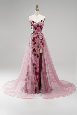 Sparkly Pink Velvet Beaded Mermaid Long Prom Dress with Detachable Cape