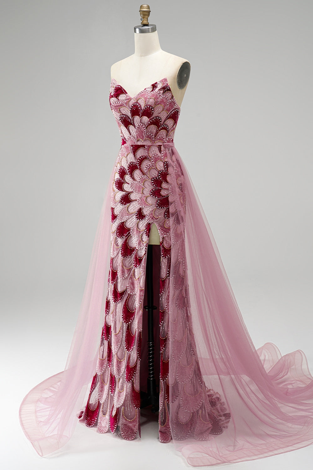 Sparkly Pink Velvet Beaded Mermaid Long Prom Dress with Detachable Cape
