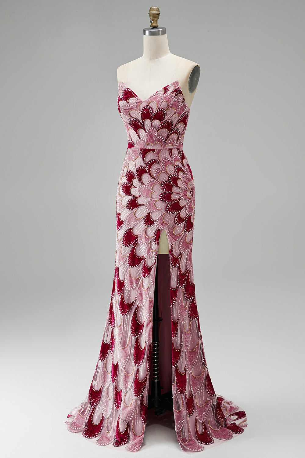Sparkly Pink Velvet Beaded Mermaid Long Prom Dress with Detachable Cape