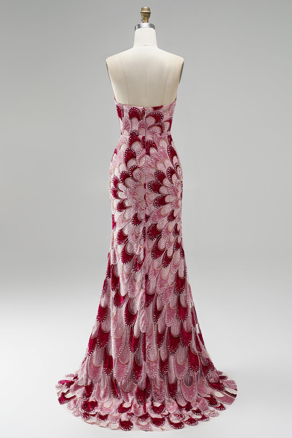Sparkly Pink Velvet Beaded Mermaid Long Prom Dress with Detachable Cape