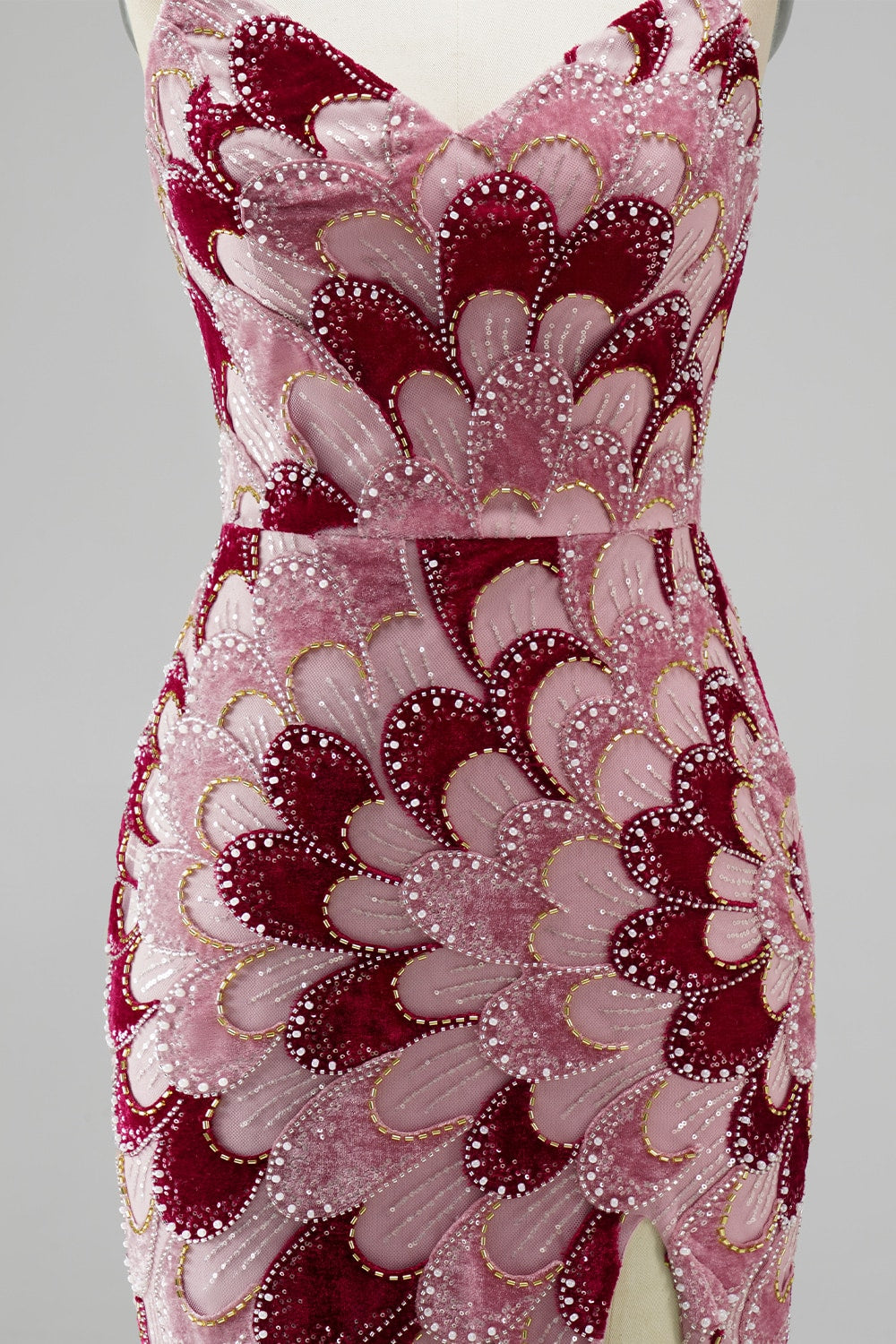 Sparkly Pink Velvet Beaded Mermaid Long Prom Dress with Detachable Cape