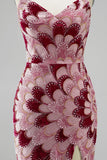 Sparkly Pink Velvet Beaded Mermaid Long Prom Dress with Detachable Cape
