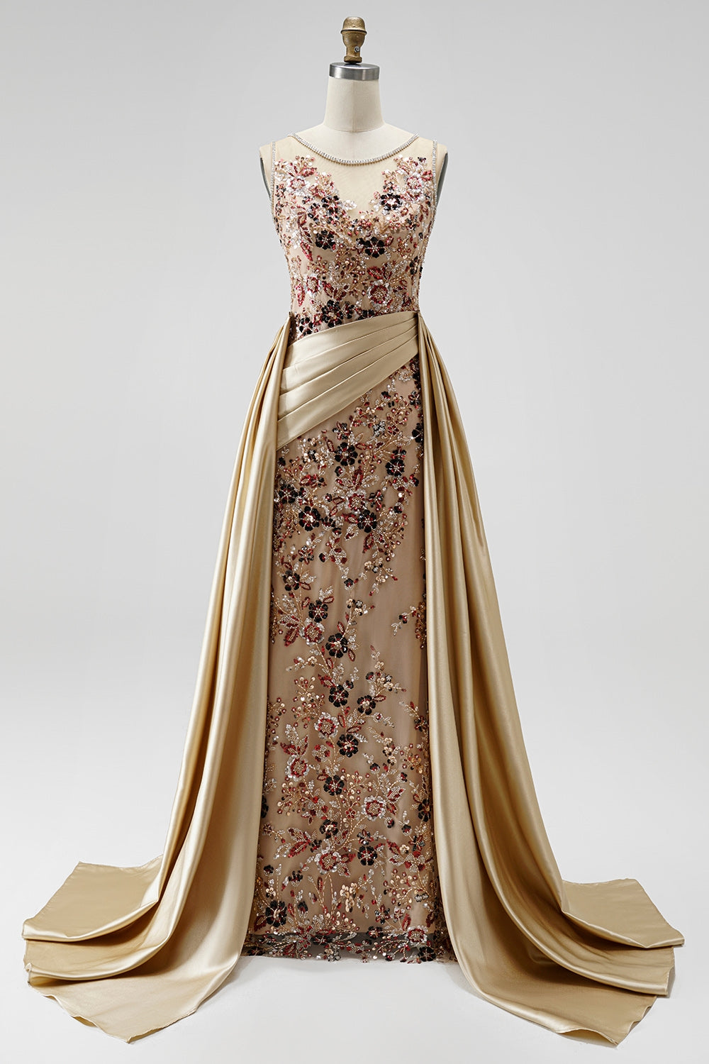 Champagne Floral Beaded Ruched Satin Sheath Long Prom Dress with Cape