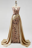 Champagne Floral Beaded Ruched Satin Sheath Long Prom Dress with Cape