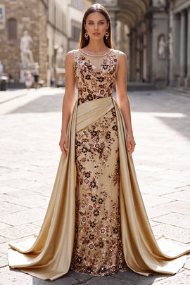 Champagne Floral Beaded Ruched Satin Sheath Long Prom Dress with Cape