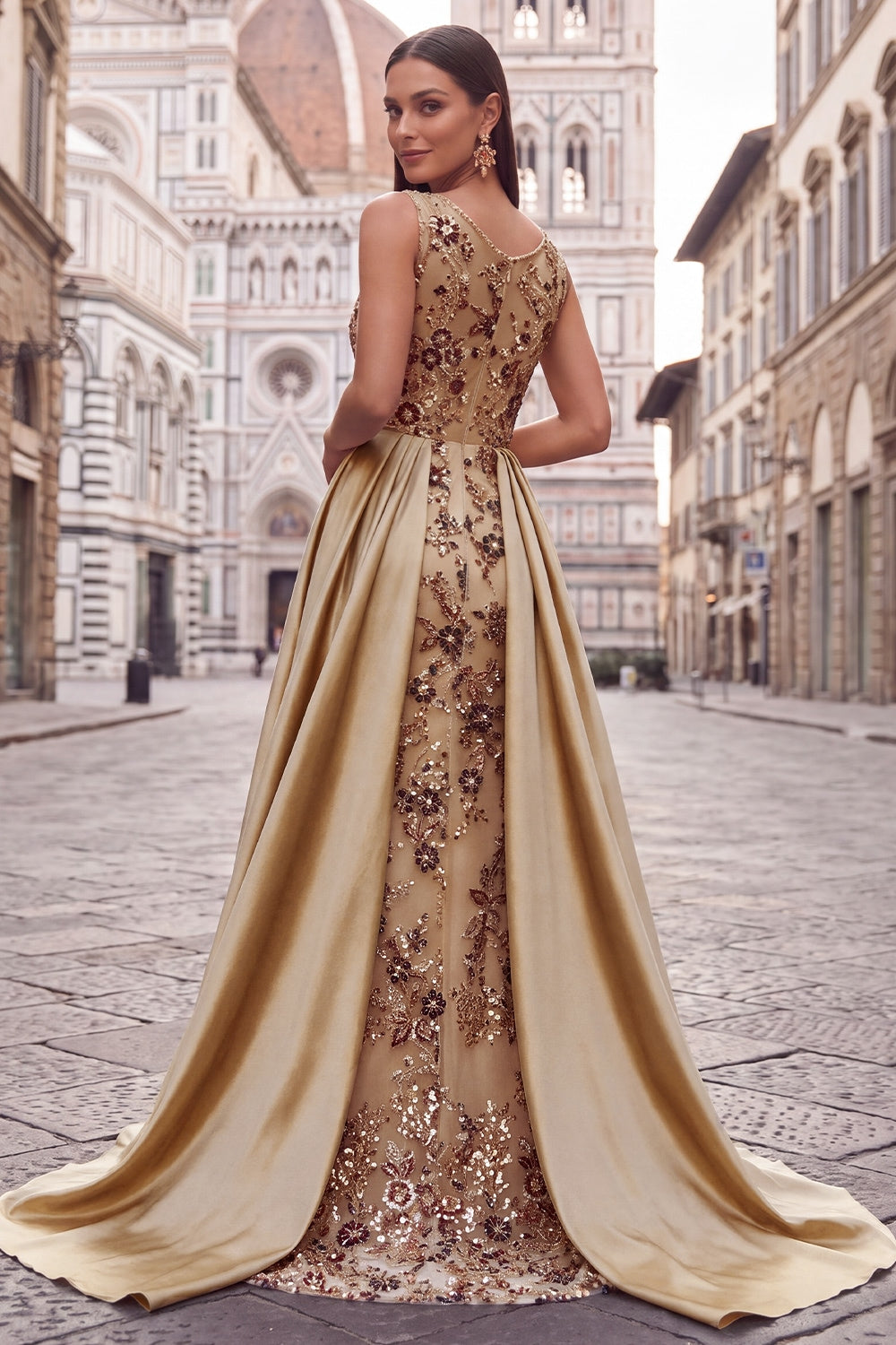 Champagne Floral Beaded Ruched Satin Sheath Long Prom Dress with Cape
