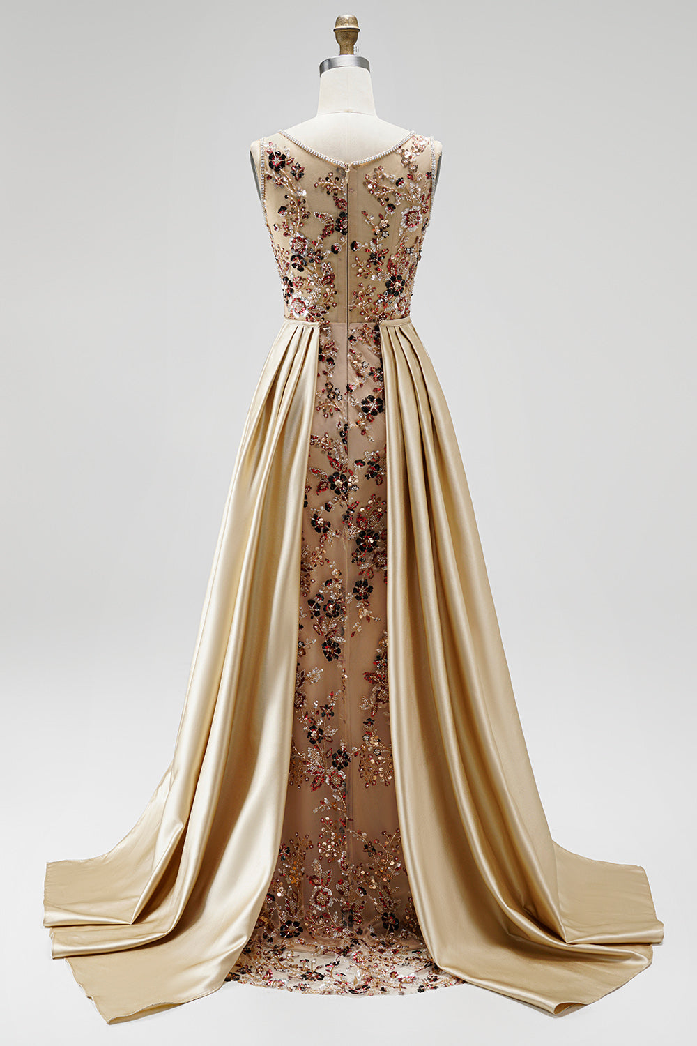Champagne Floral Beaded Ruched Satin Sheath Long Prom Dress with Cape