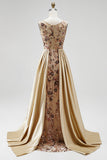 Champagne Floral Beaded Ruched Satin Sheath Long Prom Dress with Cape