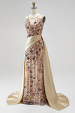 Champagne Floral Beaded Ruched Satin Sheath Long Prom Dress with Cape
