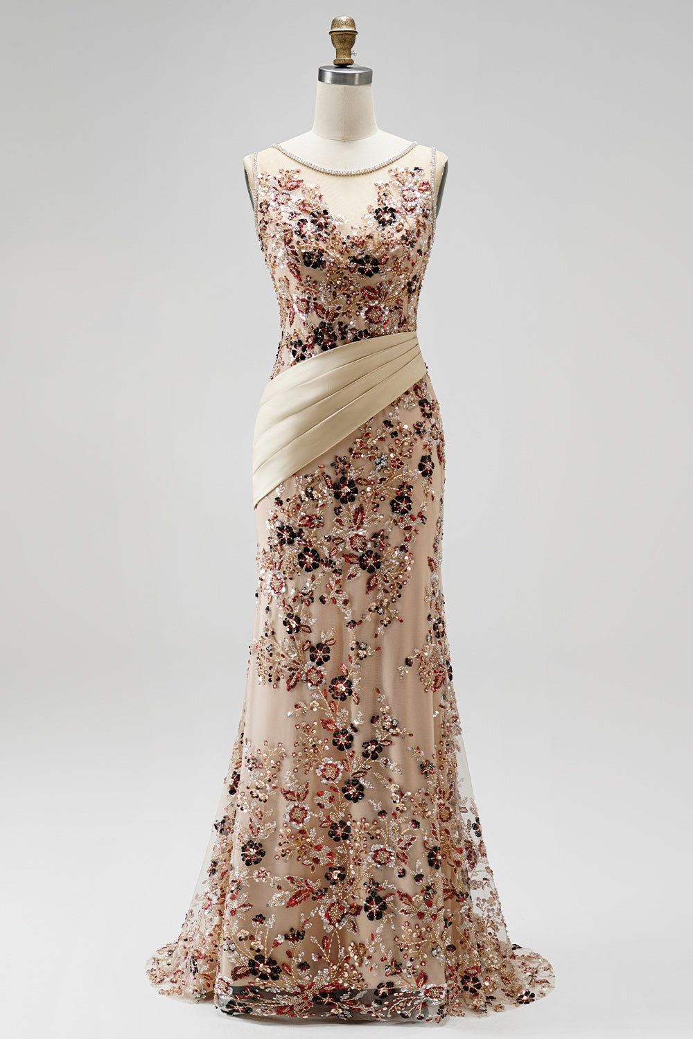 Champagne Floral Beaded Ruched Satin Sheath Long Prom Dress with Cape